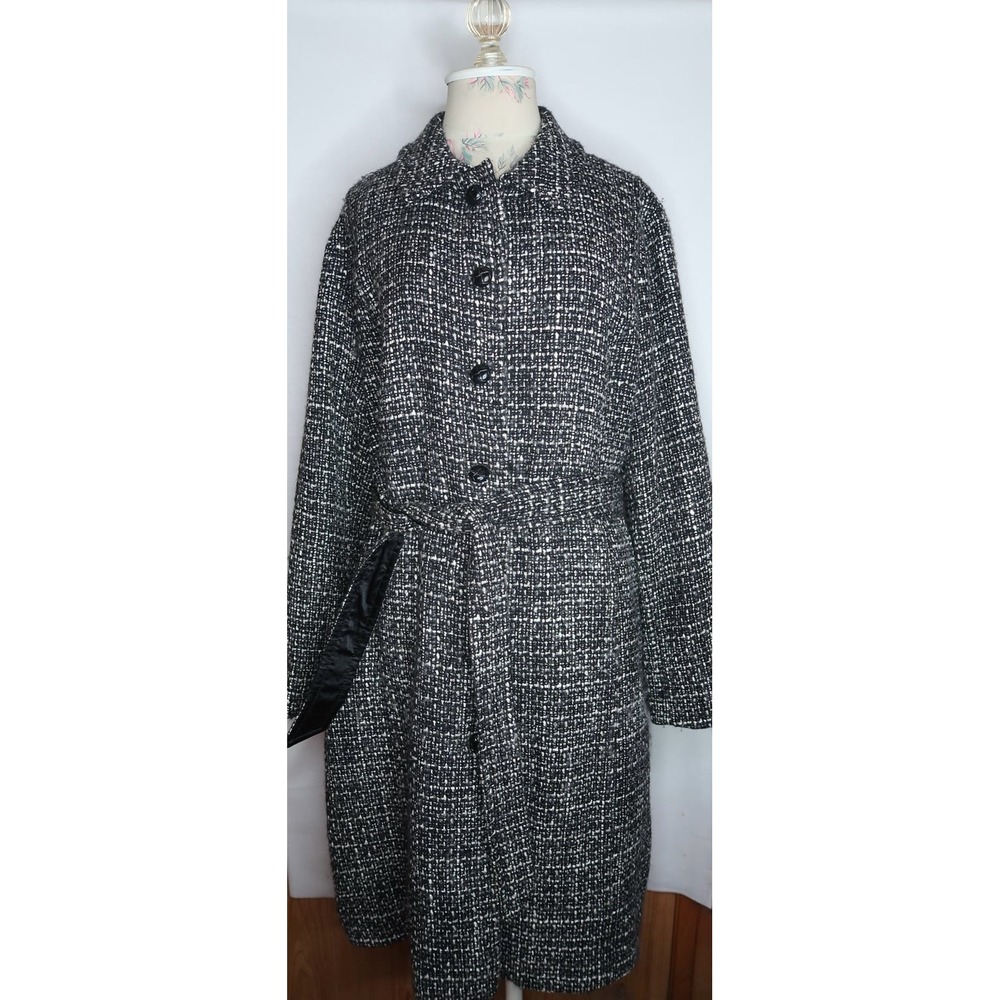 GAP Black White Tweed Wool Blend Belted Coat Womens Medium Winter Outdoor